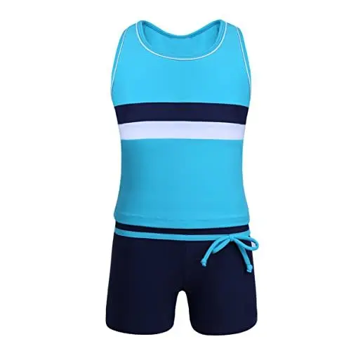 Produktbild: TiaoBug Mädchen Jungen Sport Tankini Set Badeanzug Racerback Tank Top Tee T-Shirt Badeshirt und Shorts Badeshorts Schwimmanzug Bade Schwimm Bekleidung Blau 140