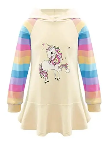 Produktbild: TiaoBug Mädchen Kapuzenpullover Langarm Sweatkleid mit Kapuze Einhörner Aufdruck Hoodie Cartoon Top Herbst Winter Kleid Knielang Freizeitkleider Khaki B 110-116