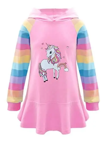 Produktbild: TiaoBug Mädchen Kapuzenpullover Langarm Sweatkleid mit Kapuze Einhörner Aufdruck Hoodie Cartoon Top Herbst Winter Kleid Knielang Freizeitkleider Rosa B 122-128