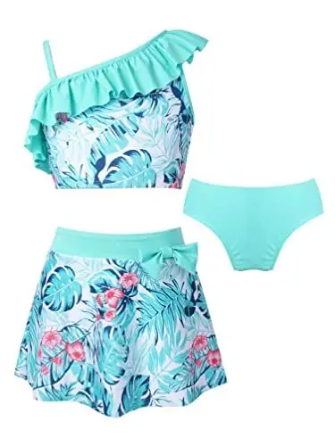 Produktbild: TiaoBug Mädchen Kinder Badeanzug Zweiteiler Bikini Tankini Set Einschulter Top Oberteile mit Träger Rüschen Badehose Baderock Badebekleidung Bademode Strandkleidung Mintgrün 3er Set 134-140