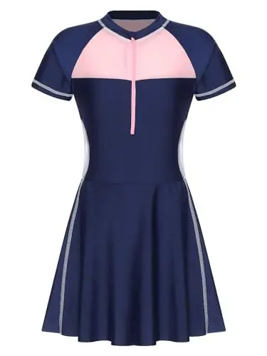 Produktbild: TiaoBug Mädchen Kinder Einteiler Badeanzug mit Rock Baderock Bade Kleid Schwimmanzug Schwimmrock Rüschen gestreifter Tank Top Slip Blumen Bademode Beachwear Dunkelblau I 134-140