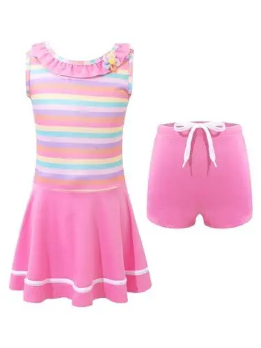 Produktbild: TiaoBug Mädchen Kinder Einteiler Badeanzug mit Rock Baderock Bade Kleid Schwimmanzug Schwimmrock Rüschen gestreifter Tank Top Slip Blumen Bademode Beachwear Rosa E 134-140/9-10 Jahre