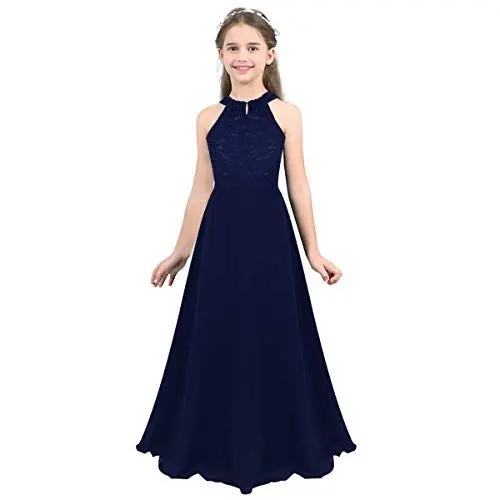 Produktbild: TiaoBug Mädchen Kleid Kinder festlich Spitzen langes Kleid Hochzeit Partykleid Blumenmädchenkleid 104 116 128 140 152 164 Marineblau B 140