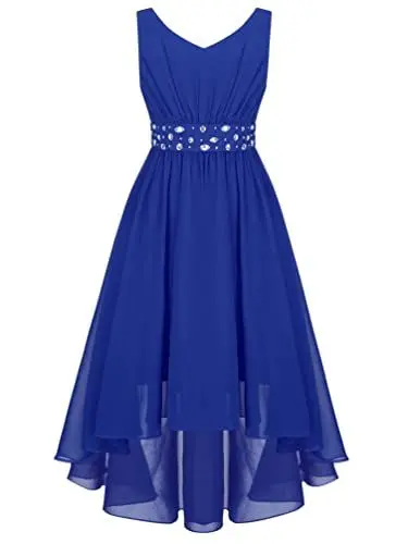 Produktbild: TiaoBug Mädchen Kleider Festlich Sommer langes Abendkleider Partykleid Schulterfreies Chiffon Festkleid Kommunions Hochzeit Brautjungfern Kleid gr. 104-170 Blau FF 158-164