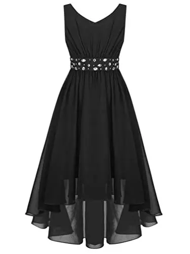 Produktbild: TiaoBug Mädchen Kleider Festlich Sommer langes Abendkleider Partykleid Schulterfreies Chiffon Festkleid Kommunions Hochzeit Brautjungfern Kleid gr. 104-170 Schwarz FF 170-176