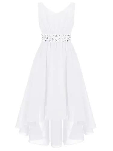 Produktbild: TiaoBug Mädchen Kleider Festlich Sommer langes Abendkleider Partykleid Schulterfreies Chiffon Festkleid Kommunions Hochzeit Brautjungfern Kleid gr. 104-170 Weiß FF 134-140