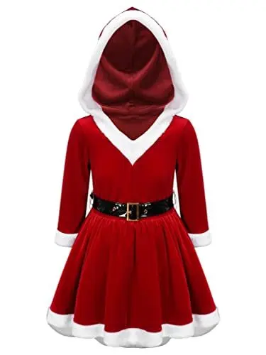 Produktbild: TiaoBug Mädchen Langarm Weihnachtskleider Samt Partykleid mit/ohne Kapuze Rentier Haarreifen Prinzessin Winterkleid Xmas Fastnacht Outfits Rot L 122-128
