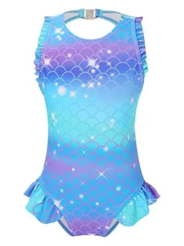 Produktbild: TiaoBug Mädchen Meerjungfrau Badeanzug Schwimmanzug mit Rüschen Kinder Bademode Beachwear 98 104 110 116 122 128 134 140 146 152 Blau R 122-128/7-8 Jahre