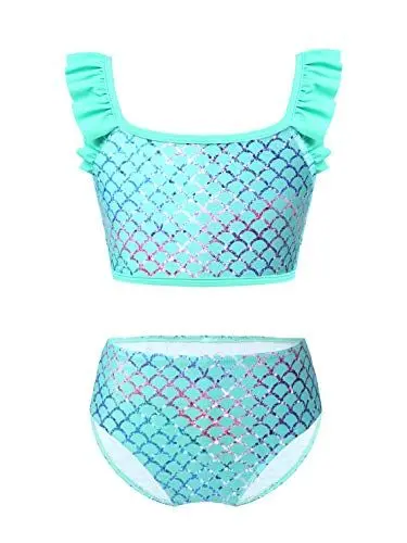 Produktbild: TiaoBug Mädchen Meerjungfrau Bikini Tankini Set Fischschuppen Crop Top und Badehose Modisch Prinzessin Strandkleidung Grün 146-152