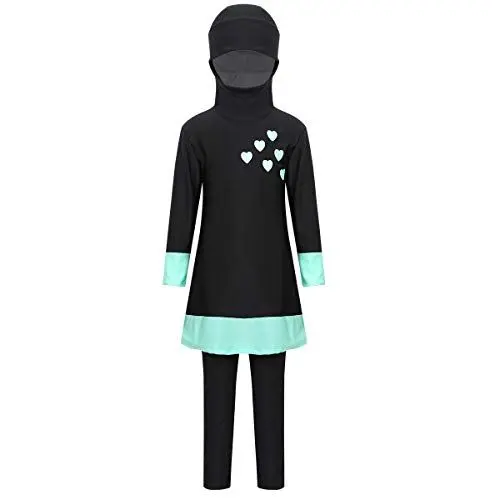 Produktbild: TiaoBug Mädchen Muslimischen Badeanzug Islamischen Full Cover Bescheidene Badebekleidung Set Tops mit Badehose lang Kinder UV-Schutz Bademode Schwarz/Grün 140-152