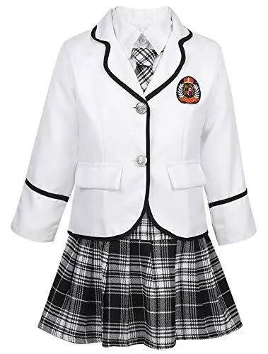 Produktbild: TiaoBug Mädchen Schulmädchen Kostüm Komplett Uniform Jacke Blazer + Langarm Bluse Weißes Hemd, Karierte Krawatte Mini Rock Japanischer Anime Fasching Weiß 122-128