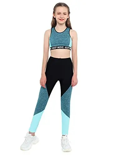 Produktbild: TiaoBug Mädchen Sport BH Jogginghose Sport Leggings Yoga Hose Trainingshose Sport Bustier ohne Bügel Yoga Fitness Training Bekleidung Set Grün Farbblock 158-164