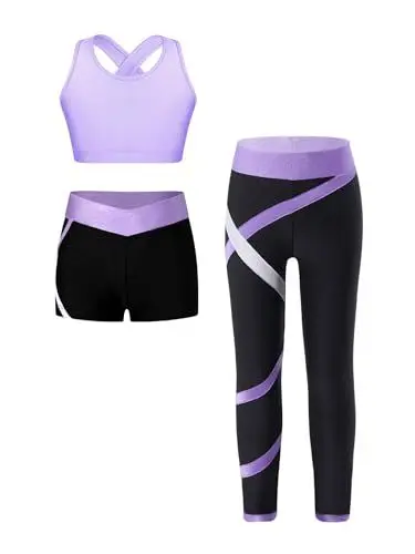 Produktbild: TiaoBug Mädchen Sport BH Jogginghose Sport Leggings Yoga Hose Trainingshose Sport Bustier ohne Bügel Yoga Fitness Training Bekleidung Set Lila ZC 146-152