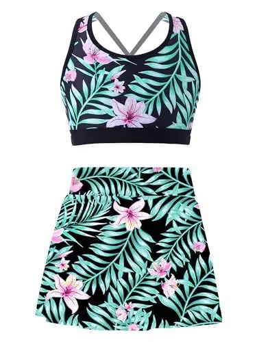 Produktbild: TiaoBug Mädchen Tankini Bikini Set Hawaii Print Badeanzug Schwimmanzug geblümt Crop Top + Baderock Zweiteiler Strandkleidung Gr. 122-176 Lilie K 134-140