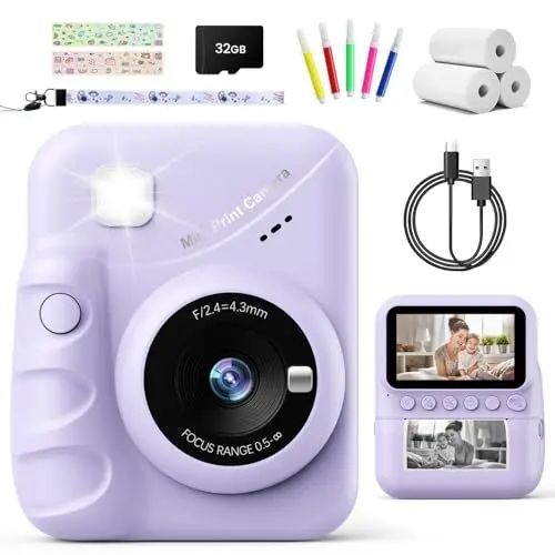 Produktbild: TIATUA Sofortbildkamera Kinder, 48MP 3.0 Zoll Bildschirm Kinderkamera Sofortbildkamera mit 32G Karte, Druckpapier, 1080P Kamera Sofortdruck, Geschenk für Kinder 3-12 Jahren