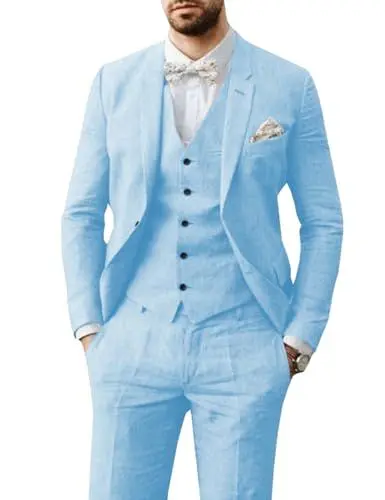 Produktbild: Tiavllya 3-teilige Leinen Anzüge für Männer Sommer Casual Strand Hochzeit Bräutigam Anzug Leinen Blazer Hosen Anzüge （58, Hellblau）