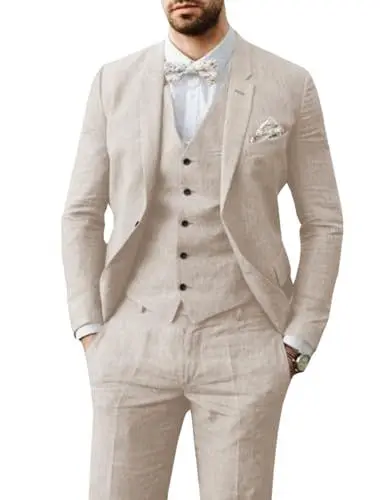 Produktbild: Tiavllya 3-teilige Leinen Anzüge für Männer Sommer Casual Strand Hochzeit Bräutigam Anzug Leinen Blazer Hosen Anzüge （XXL, Beige）