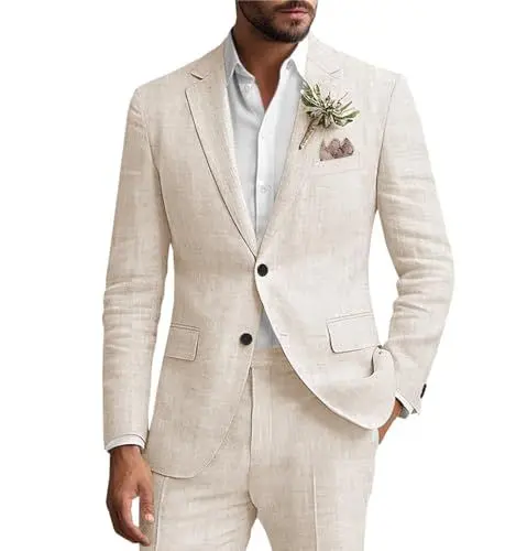 Produktbild: Tiavllya Herren 2-teilige Leinen Anzug Retro Slim Fit Hochzeit Herren Formeller Anzug Leinen Leichte Smoking Anzüge （60, Beige）