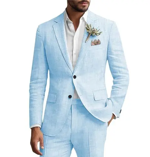 Produktbild: Tiavllya Herren 2-teilige Leinen Anzug Retro Slim Fit Hochzeit Herren Formeller Anzug Leinen Leichte Smoking Anzüge （XXS, Hellblau）