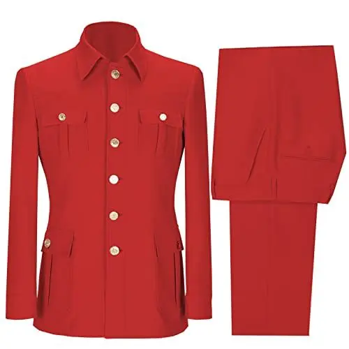 Produktbild: Tiavllya Herren Formelle 2-teilige Hochzeitsanzüge Stand Kragen Single Breasted Jacket Hosen Smoking Prom Suit （48, Rot）