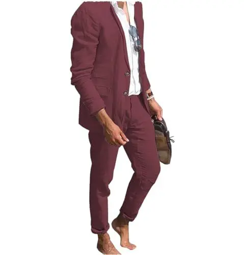 Produktbild: Tiavllya Herren Leinen Anzug 2-teilig Strand Hochzeit Casual Sommer Anzüge für Bräutigam Blazer Hosen Anzüge （56, Burgund）
