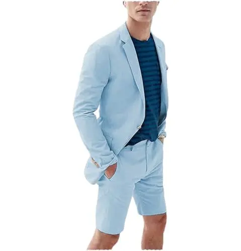 Produktbild: Tiavllya Herren Leinen Short Anzug Set 2-teilig für Männer Slim Fit Blazer und Kurze Hosen Casual Anzüge für Hochzeit Sommer Outfit （58, Hellblau）