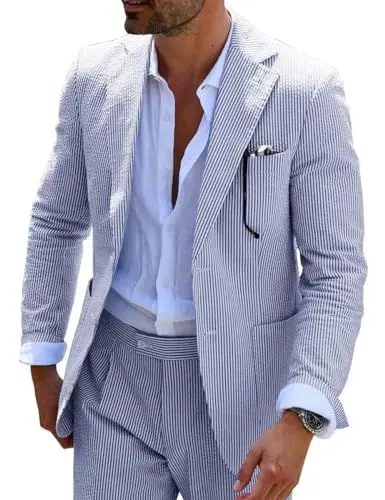 Produktbild: Tiavllya Herren Seersucker Anzüge 2-teilig Casual Sommer Strand Hochzeit Prom Anzug Seersucker gestreifte Blazer Hosen Set （56, Blau-weiß）