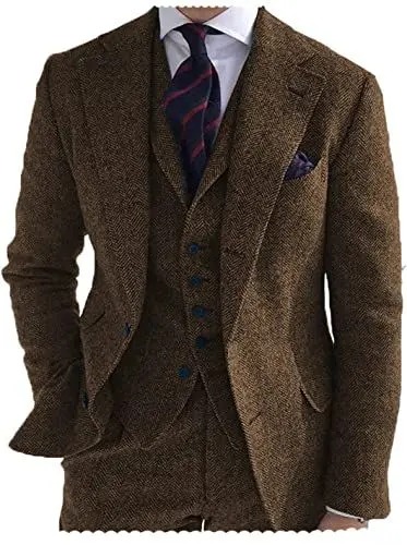 Produktbild: Tiavllya Herren Tweed Anzug 3-teilig Slim Fit Herringbone Wolle Anzüge Single Breasted Smokings Bräutigam Hochzeit Anzug （46, Braun）