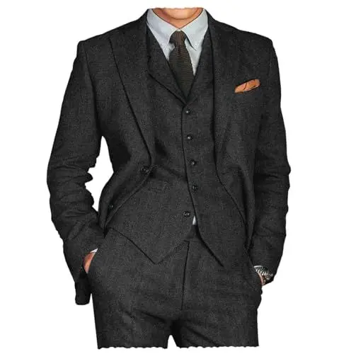 Produktbild: Tiavllya Herren Tweed Herringbone 3-teilige Anzüge Hochzeit Anzug Formelle Business Smokings Wolle Blazer Weste Hose Set （44, Schwarz）