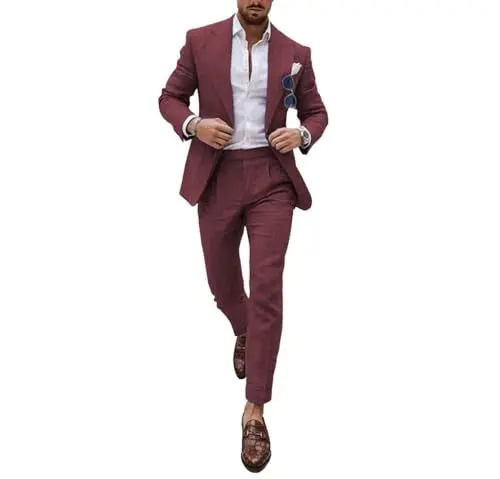 Produktbild: Tiavllya Herren Zwei Stück Leinen Anzug Sommer Casual Hochzeit Slim Fit Leinen Anzug Große Tasche Blazer Jacke und Hose （3XL, Burgund）