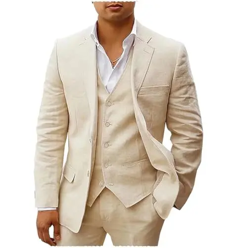Produktbild: Tiavllya Leinen Anzüge für Herren 3-teilige Sommer Casual Strand Hochzeit Bräutigam Anzüge Slim Fit Blazer Hosen und Weste Smoking Set （54, Champagner）
