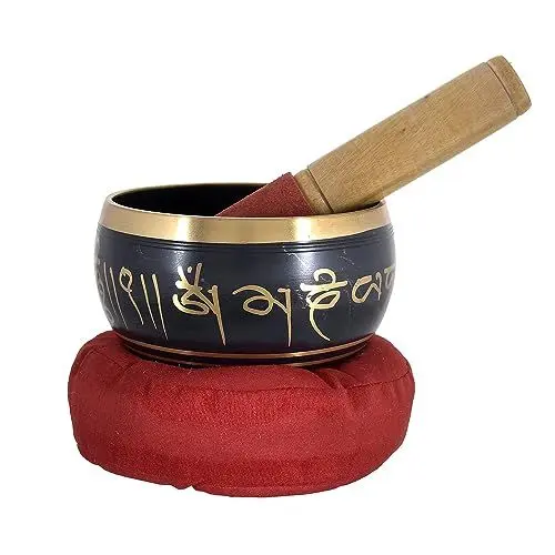 Produktbild: Tibetan Singing Bowl Set - Chakra-Schüssel mit antikem Design, Holzklatsche und rotem Kissen für Yoga-Meditation, Achtsamkeit und Entspannung
