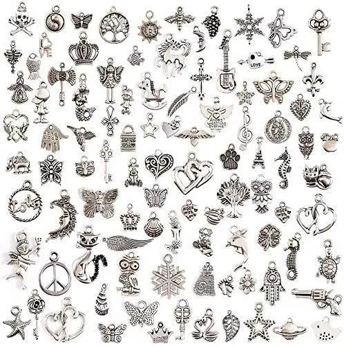 Produktbild: Tibetischen Silber Charms Anhänger,DIY Basteln Charms Anhänger 100 Stück Antik Silber Mixed Charms Anhänger für DIY Baumeln Ohrringe Halskette Armband Machen