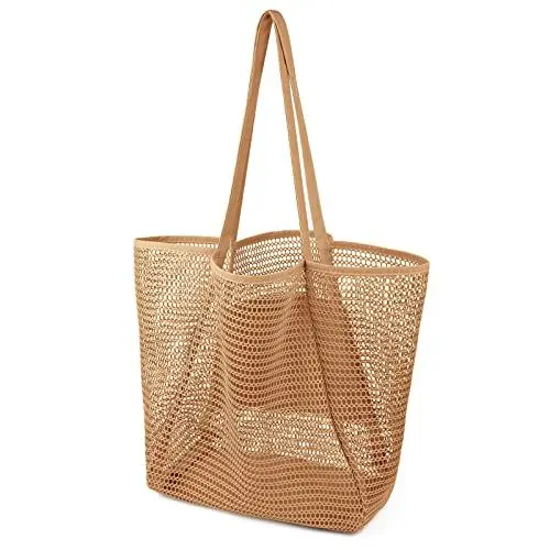 Produktbild: Tibroni Strandtasche Groß Beach Tote Bag Damen Shopper Handtaschen Faltbare Mesh Badetasche Netztasche Umhängetasche mit Reißverschluss Innentaschen, für Familie Strand Picknick Reise