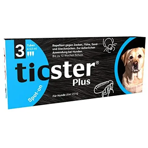 Produktbild: TICSTER Plus Spot-on für Hunde über 25 kg, Floh- und Zeckenmittel, 3 x 4,8ml, bis zu 12 Wochen Zeckenschutz (Lösung zum Auftropfen, auch gegen Sand- & Stechmücken, Insektenschutz für Hunde)