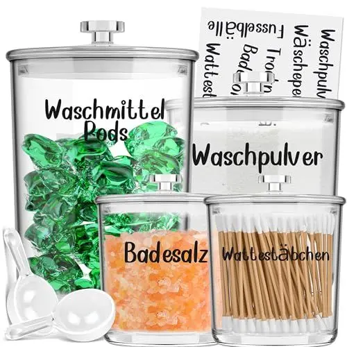 Produktbild: TIDIdea 4 Stück Wäsche Pods Behälter mit Etiketten und Löffeln – Bruchsichere Waschmittel Aufbewahrung für Waschpulver, Perlen – Perfekter Laundry Organizer für Waschküche & Badezimmer