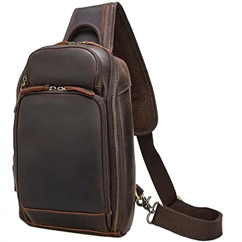 Produktbild: TIDING Herren Umhängetasche Leder Brusttasche 9.7 Zoll iPad Schultertasche Crossbody Travel Sling Bag Chest Pack für Arbeit Reisen, Braun