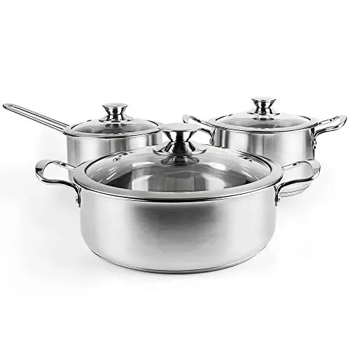 Produktbild: Tieplis Edelstahl Kochtopfset, 6-Teilig Topfset mit Glasdeckeln und Kühlbleibender Griff, Kochtopf für alle Herdarten & Backofenfest, Topf Ungiftig Unbeschichtet (Silber)