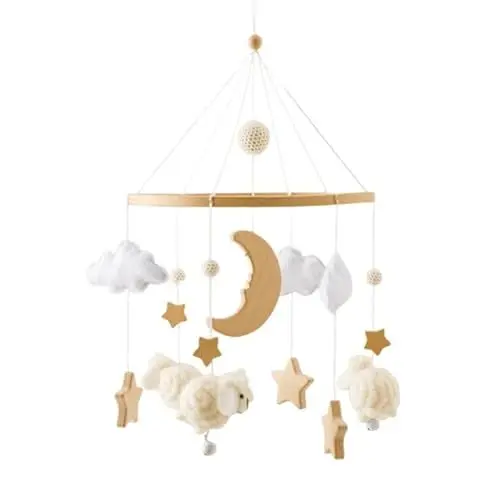 Produktbild: Tiere Mobile Baby Windspiele, Stern Mond Lamm Mobile Baby Holz mit Filzbällen, Mobile Baby Mädchen Bettglocke Anhänger für Babybett Jungen und Mädchen (Weiß)