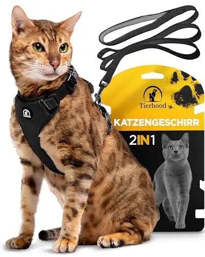 Produktbild: Tierhood Katzengeschirr mit Leine (Neue, LEICHTE Version) - Katzenleine mit Geschirr für Katzen und Kitten - Katzen Geschirr Set mit Leine - Kontrollierte Freiheit - Schwarz, Größe M