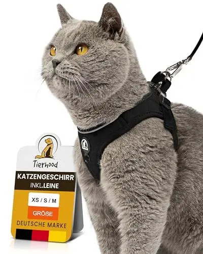 Produktbild: Tierhood - Katzengeschirr Set mit Leine für kontrollierte Freiheit - Softgeschirr - Komfortabel, Einstellbar & Robust - Geschirr für aktive Katzen (Schwarz, Größe M)
