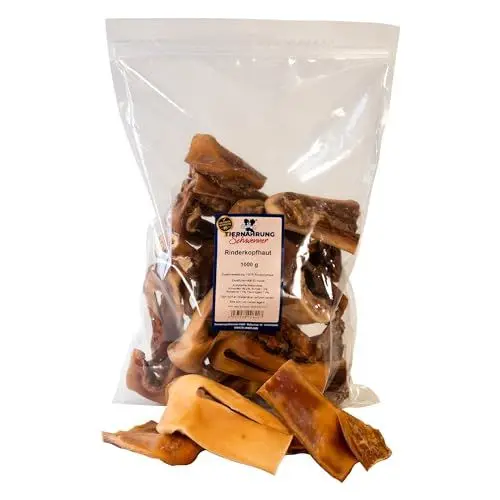 Produktbild: Tiernahrung Schwenner - Kurze Rinderkopfhaut für Hunde getrocknet – Dog Snacks – Hunde Zahnpflege – 1000g 8-18 cm