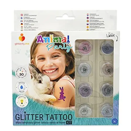 Produktbild: Tierparty Glitzer-Tattoo-Set mit biologisch abbaubarer Glitzer – Hergestellt in der EU, kosmetische Qualität – Glitzer-Tattoo-Set für Mädchen, für Kinder, für Jungen, gut für die Umwelt