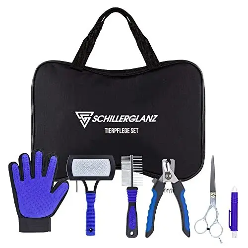 Produktbild: Tierpflegeset 7-teilig, Schillerglanz Sparset Krallenschere Fellbürste Tierfellschere Zeckenzange Filzbürste Fell Handschuh Hunde Katzen Kleintiere