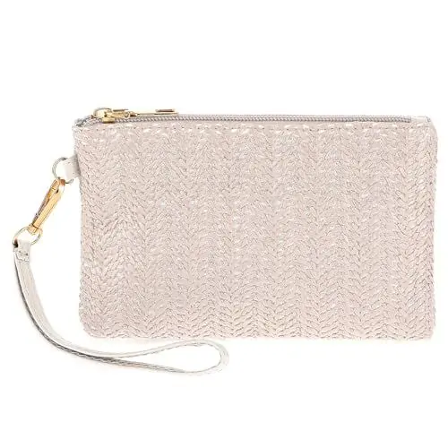 Produktbild: TIESOME 18cm Stroh Clutch Geldbörsen für Damen, aus Stroh gewebte Handgelenk Geldbörse Sommer Strand Stroh Handtasche mit Reißverschluss Boho Geldbörse aus Korbgeflecht(Weiß)