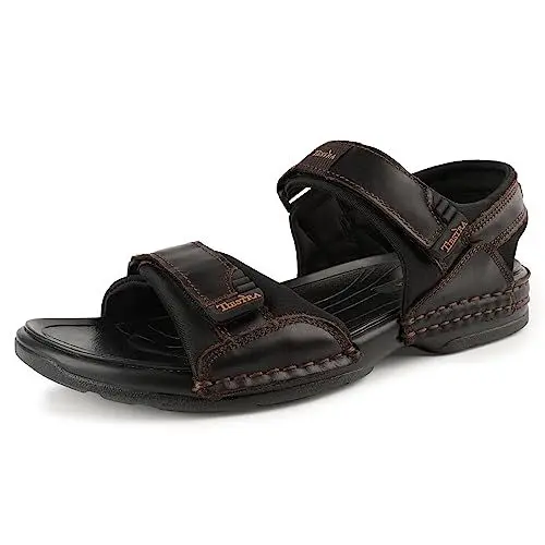 Produktbild: TIESTRA Sandalen Herren Leder Outdoor Sport Wandersandalen mit Fußbett, Sommer Trekkingsandalen Strand Ledersandalen Männer Klettverschluss Dunkelbraun 43EU