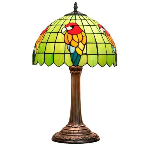 Produktbild: Tiffany Lampe Papagei Grün Schlafzimmer Tischlampe Buntglas Lesung Nachttischlampe für Zuhause Wohnzimmer Büro Schlafsaal Esszimmer Dekorieren 12X12X19 Zoll Schreibtischlampe Inklusive LED Birne