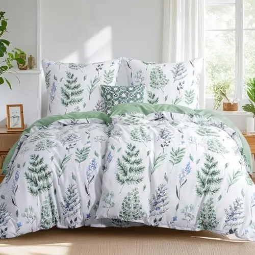 Produktbild: Tifschlaf Bettwäsche 135x200 4teilig, 2 Bettbezüge 135 x 200 mit 2 Kissenbezüge 80x80 cm Grün, ÖKO-TEX Mikrofaser Bettwäsche-Sets Blumen Salbeigrün Muster, Bügelfrei Duvet Cover mit Reißverschluss