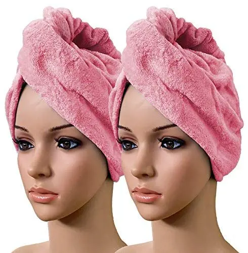 Produktbild: Tiga-Med 2er Set Haarturban pink Turban Handtuch mit Knopf Fleece Handtuch Kopfhandtuch für alle Haarlängen