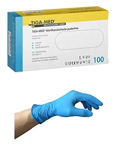 Produktbild: Tiga-Med Nitrilhandschuhe puderfrei Größe: X-Large Einmalhandschuhe aus Nitril blau 100 Stück Einweg- Handschuhe ohne Latex